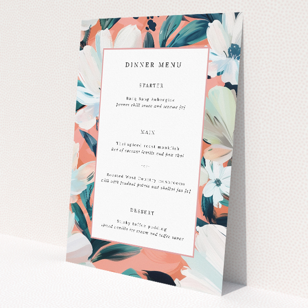 Boulevard Petals wedding menu template - fusion of floral elegance and modern geometry, abstract blooms in coral, peach, and blue hues, exuberant tone for chic weddings This is a view of the front