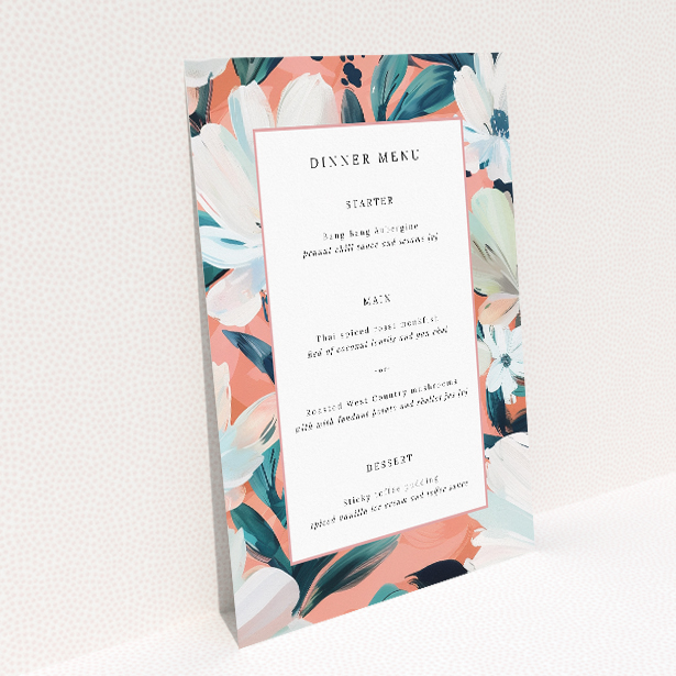 Boulevard Petals wedding menu template - fusion of floral elegance and modern geometry, abstract blooms in coral, peach, and blue hues, exuberant tone for chic weddings This image shows the front and back sides together