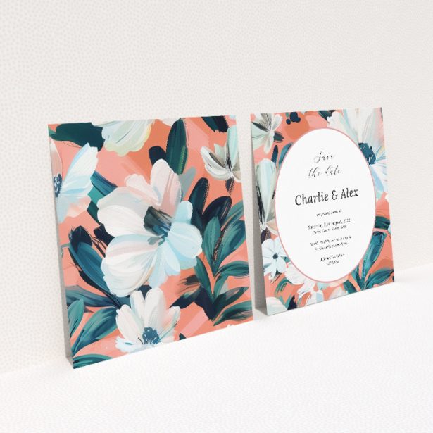 Boulevard Petals wedding save the date card featuring luscious array of floral illustrations in peachy pinks and cool mint greens. This image shows the front and back sides together