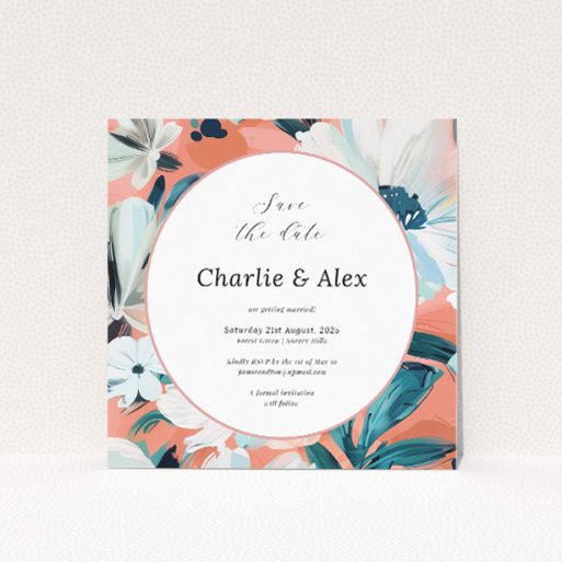 Boulevard Petals wedding save the date card featuring luscious array of floral illustrations in peachy pinks and cool mint greens. This is a view of the front