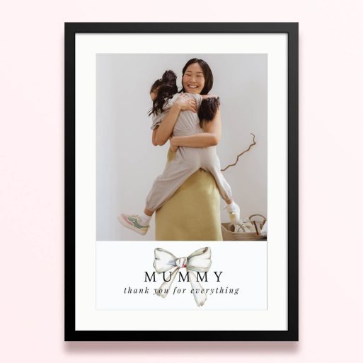 Framed and mounted photo print with a single photo and a “thank you” message for mummy.