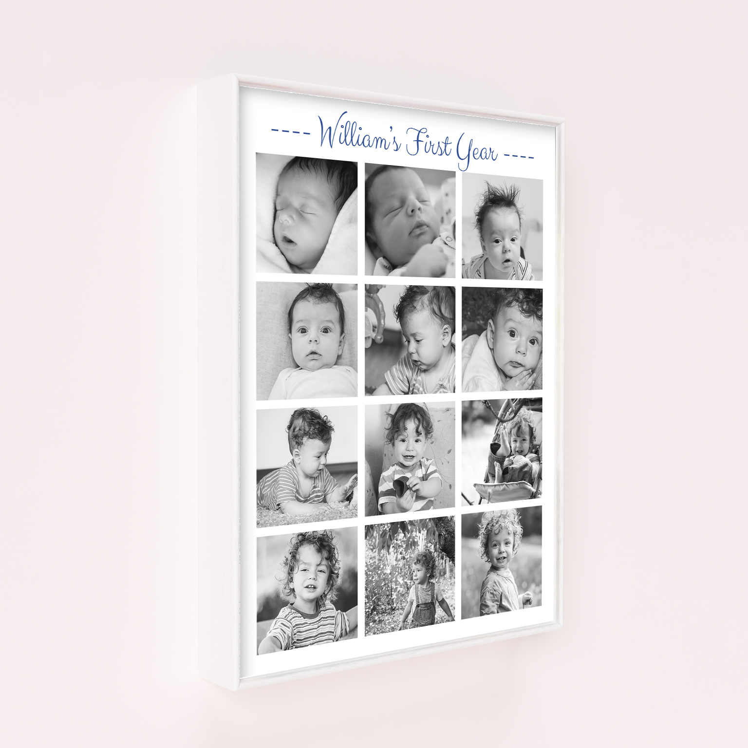 12 Months and Counting Wall Art Framed Prints - Capture a year full of memories with this personalized portrait-oriented canvas, offering ample space for 10+ precious photos. The perfect surprise for new parents or grandparents, celebrating the joy and love that fills their lives.