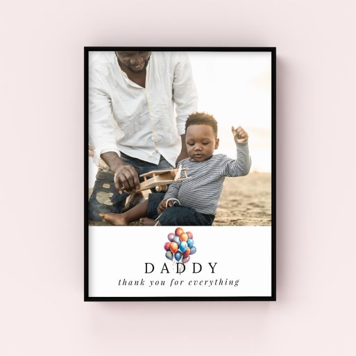 Balloons for Dad Framed Photo Canvas - Celebrate the Big Man with this portrait-oriented canvas showcasing one photo in premium 2cm thickness. The perfect gift to honor Dad on his special day, preserving cherished memories in a beautiful and enduring display.