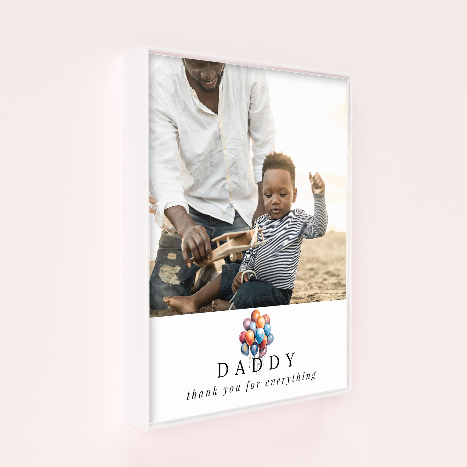 Balloons for Dad Framed Photo Canvas - Celebrate the Big Man with this portrait-oriented canvas showcasing one photo in premium 2cm thickness. The perfect gift to honor Dad on his special day, preserving cherished memories in a beautiful and enduring display.