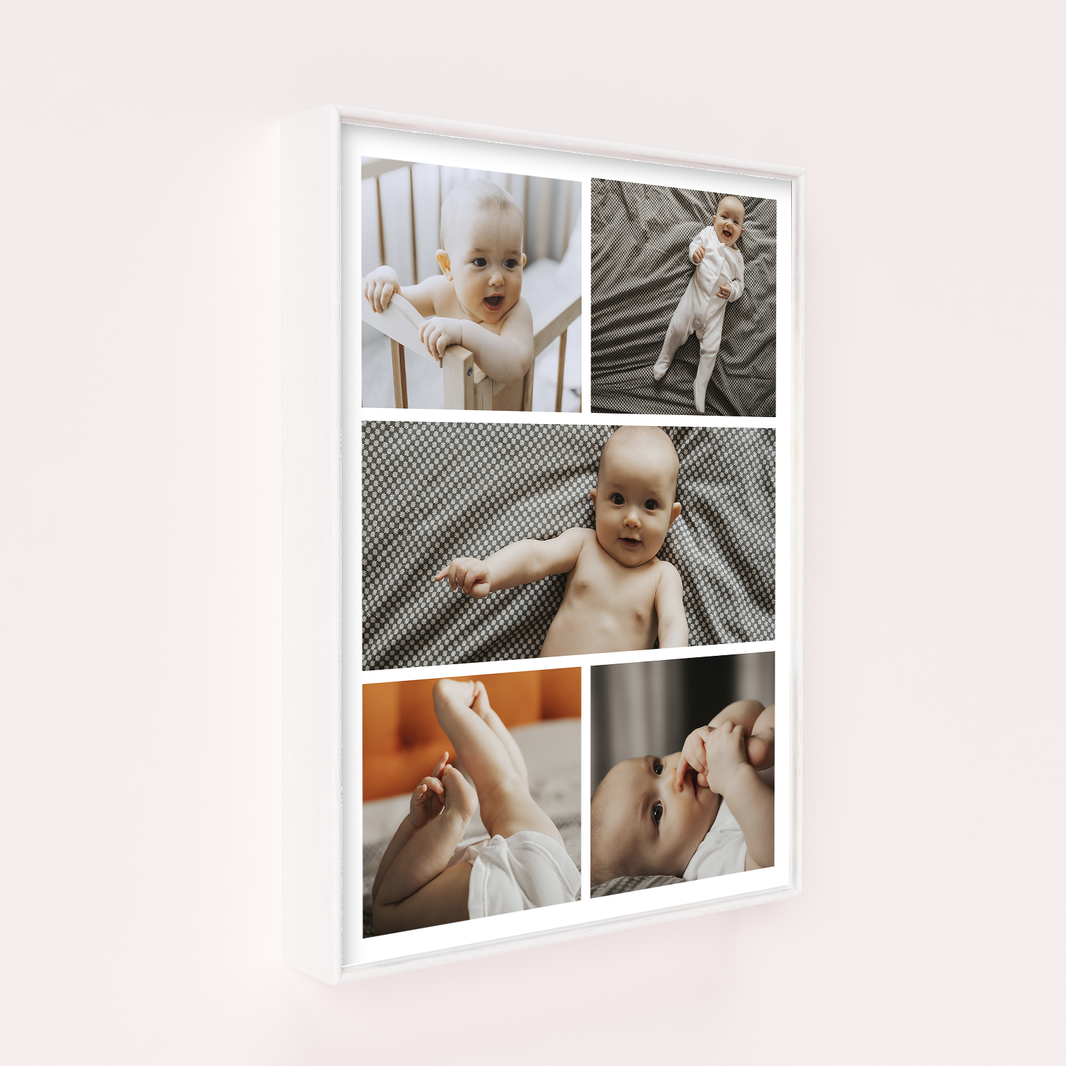 Wall Art Framed Print - Childhood Kaleidoscope - Capture the magic of childhood with this portrait-oriented canvas, accommodating up to 5 photos in a beautiful collage.