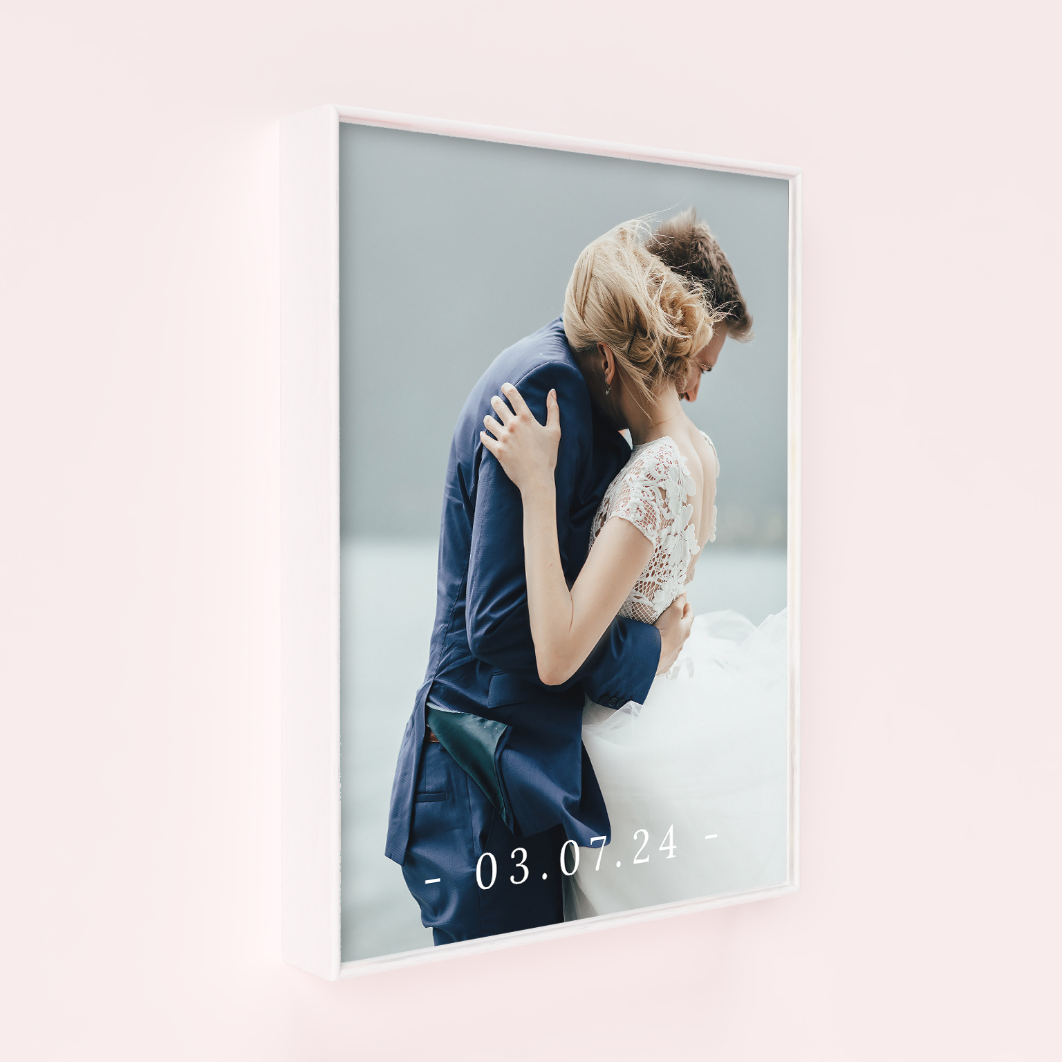 Date Stamp Box Framed Prints - Introducing our Box Framed Prints, the perfect canvas for your personalised date stamp design. This portrait-oriented masterpiece adds a captivating 3D effect, making your special photo truly stand out.