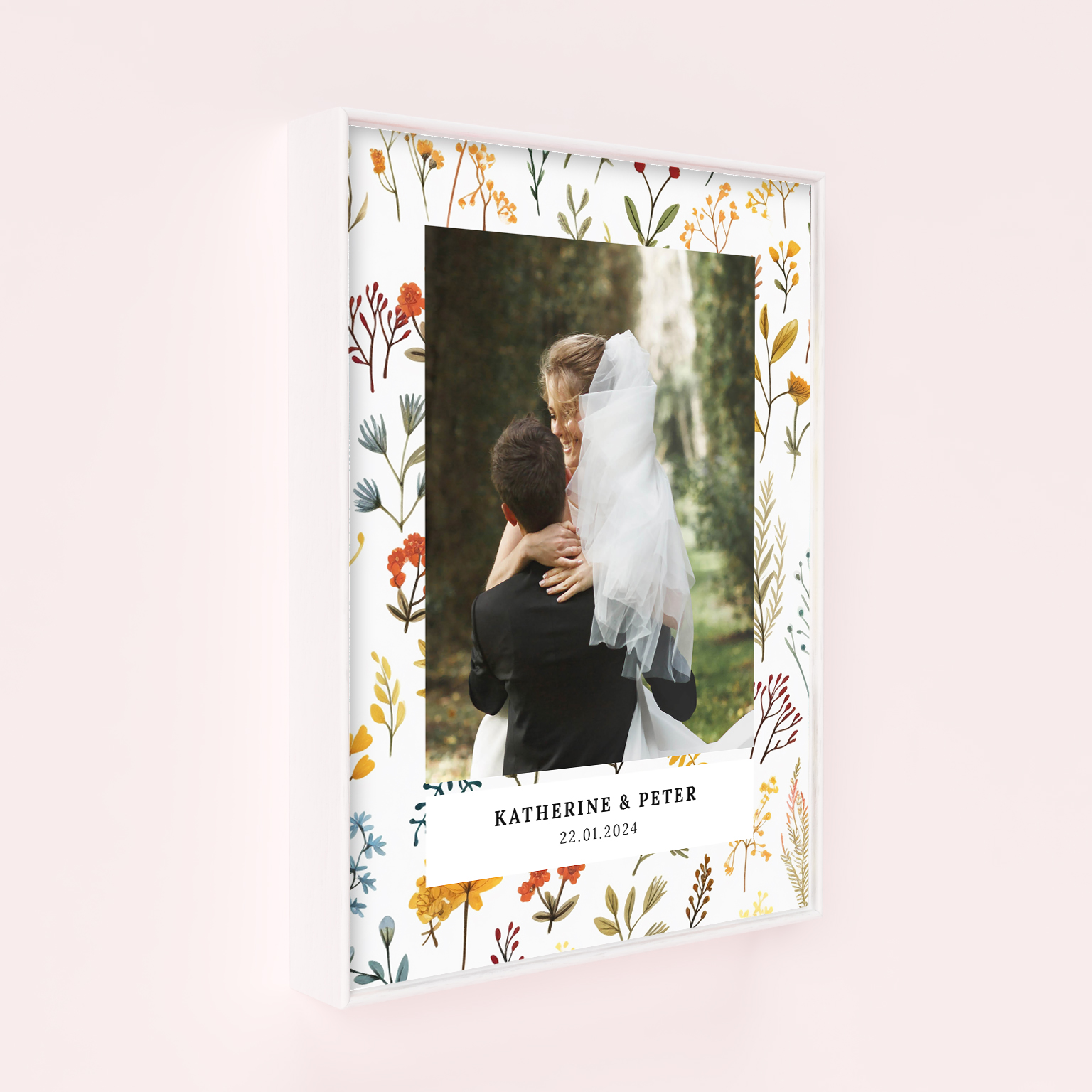 Floral Wedding Waltz Wall Art Framed Print - Celebrate enchanting wedding moments with this portrait-oriented framed print, holding space for one photo. Create a bespoke keepsake by personalizing it with your favorite memories.