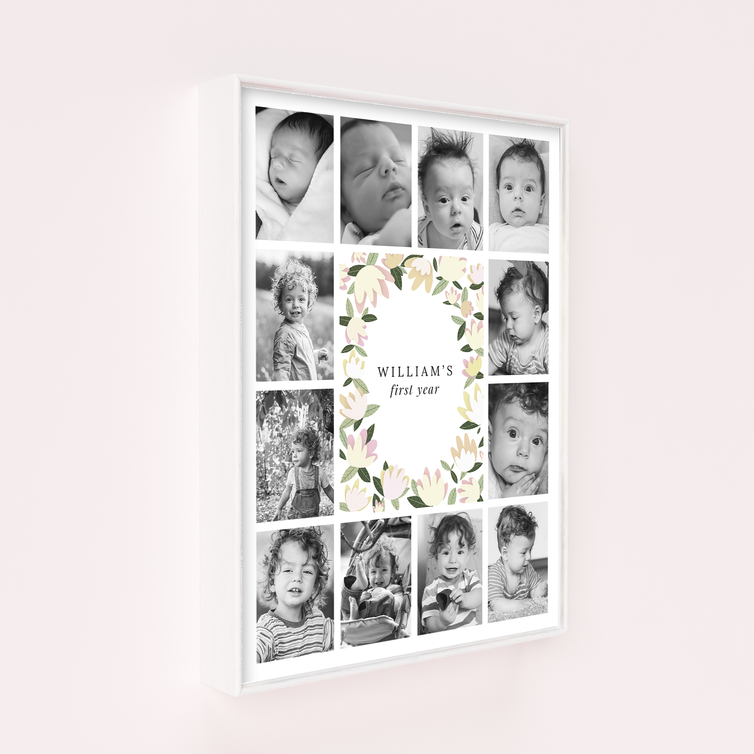 My First Year Wall Art Framed Prints - Capture the milestones of your baby's first year with this personalized portrait-oriented canvas. Create a custom display of 10+ cherished photos, sharing the joy of family growth and creating a heartwarming keepsake for first-time grandparents.