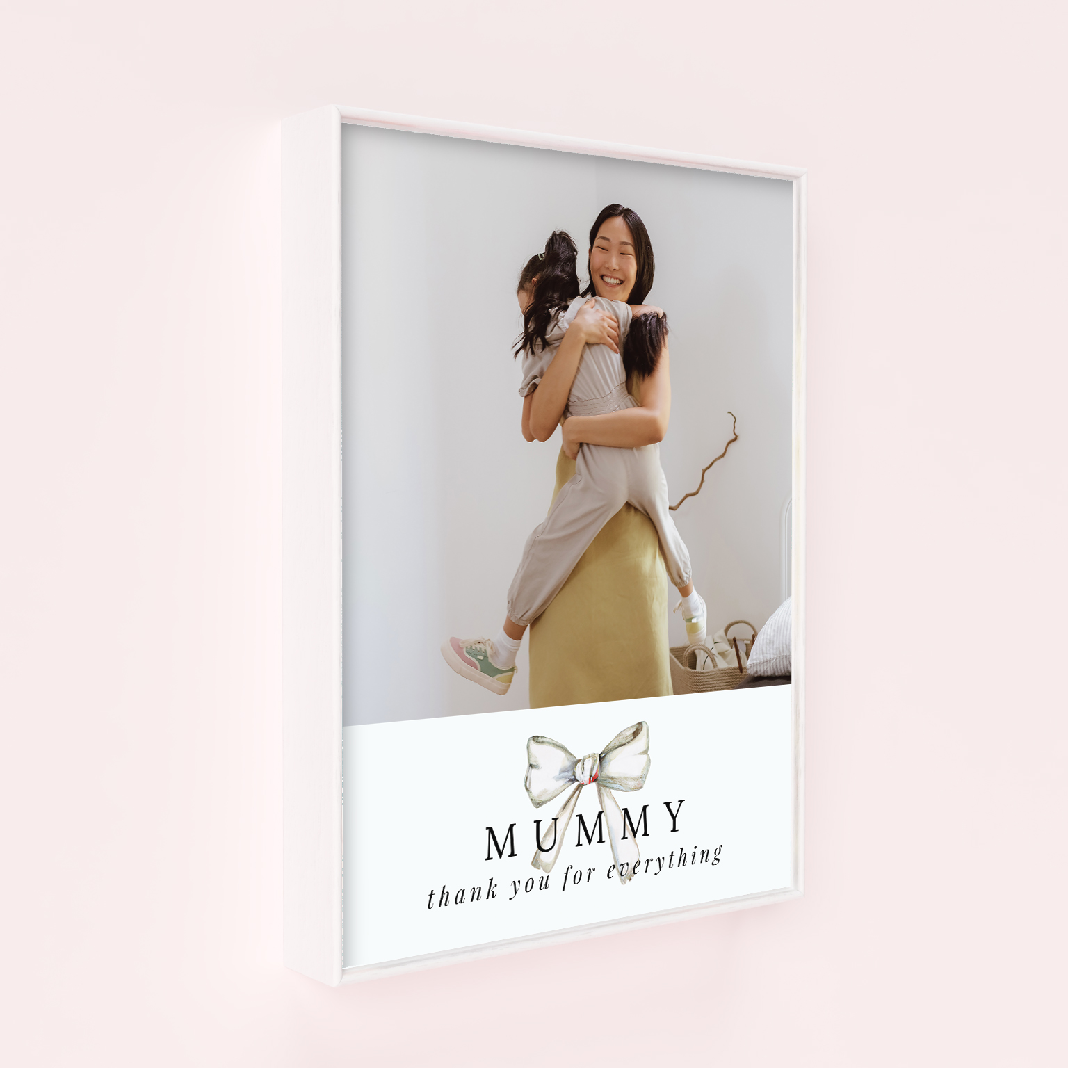 Tied with a Bow Framed Photo Canvas - Experience the charm of this portrait-oriented canvas elegantly showcasing a single photo. The perfect Mother's Day gift, expressing love and gratitude in a heartfelt and stylish manner.