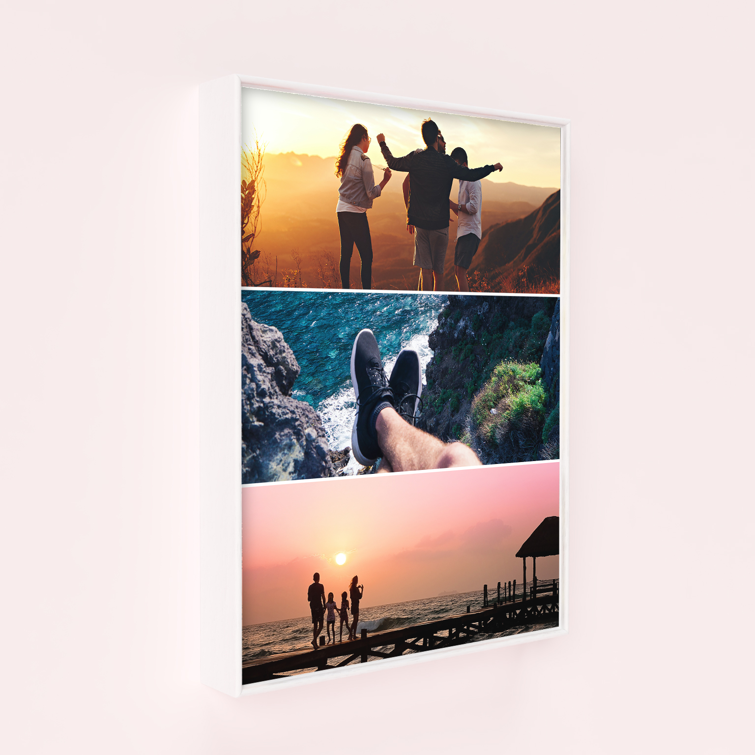 Vacation Bliss Framed Photo Canvas - Transform holiday memories into art with this portrait-oriented canvas featuring three photos. A unique and captivating keepsake to cherish the joy and beauty of your travels.