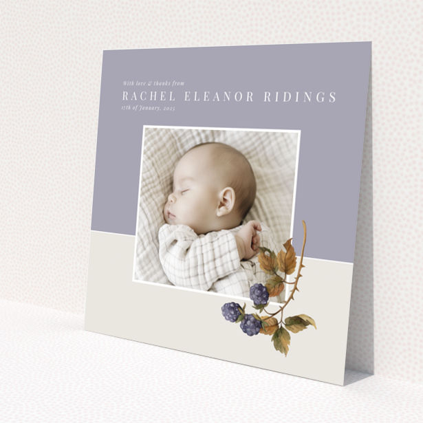Baby thank you card with one photo and floral illustration on pastel background