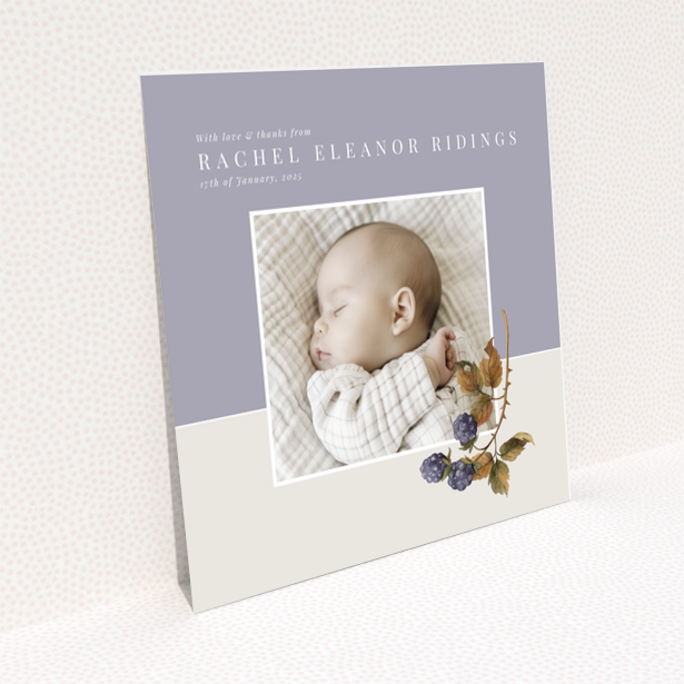 Baby thank you card with one photo and floral illustration on pastel background