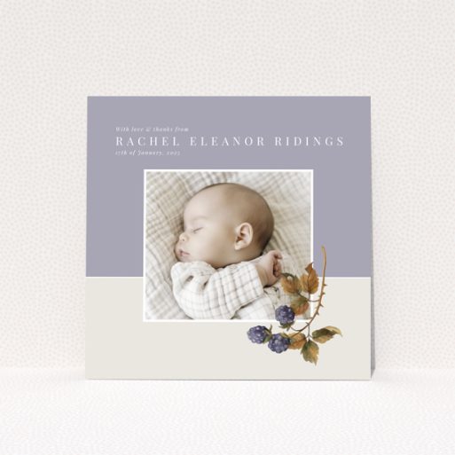 Baby thank you card with one photo and floral illustration on pastel background