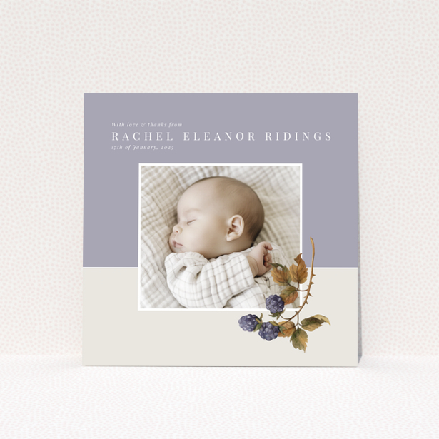 Baby thank you card with one photo and floral illustration on pastel background