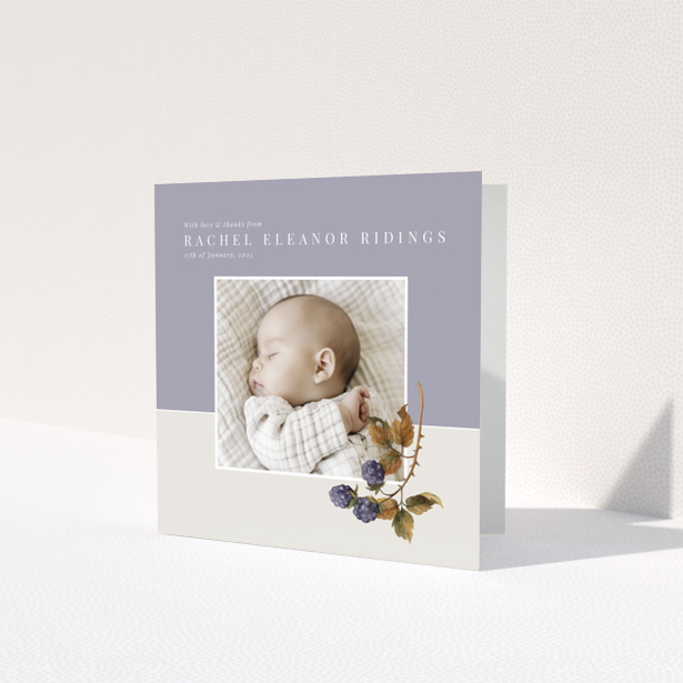 Baby thank you card with one photo and floral illustration on pastel background