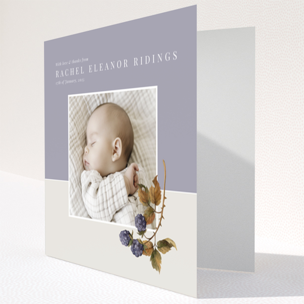 Baby thank you card with one photo and floral illustration on pastel background