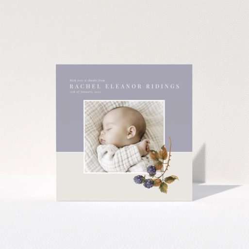 Baby thank you card with one photo and floral illustration on pastel background