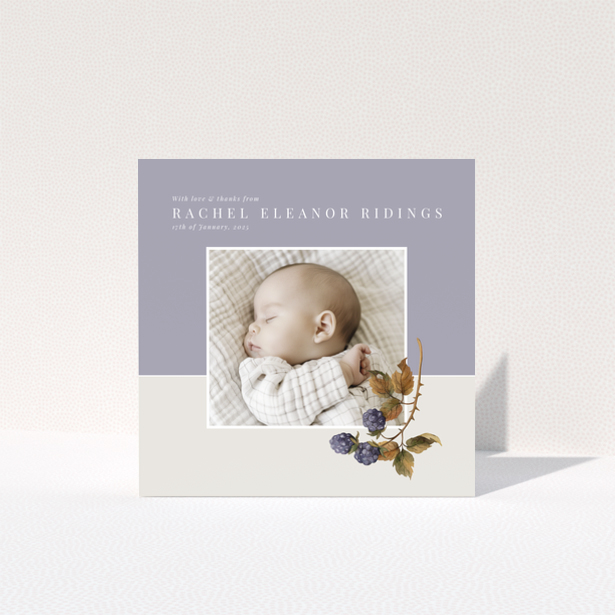 Baby thank you card with one photo and floral illustration on pastel background