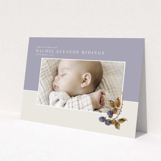Baby thank you card with one photo and floral illustration on pastel background