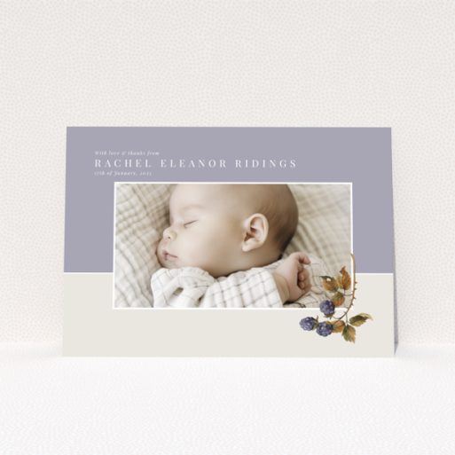 Baby thank you card with one photo and floral illustration on pastel background