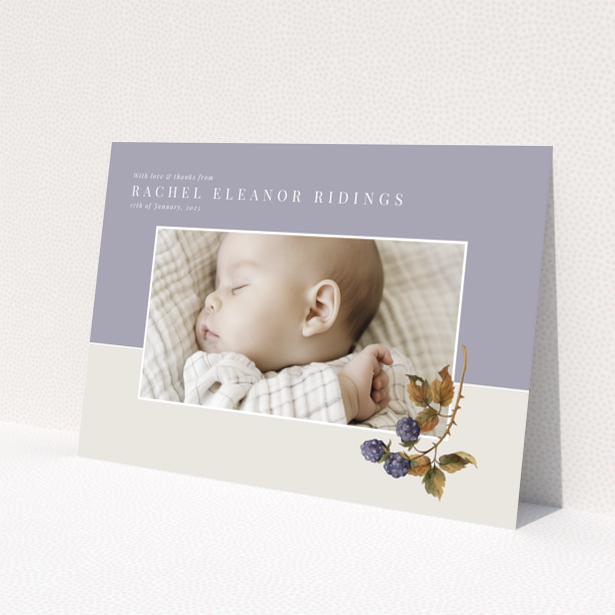 Baby thank you card with one photo and floral illustration on pastel background