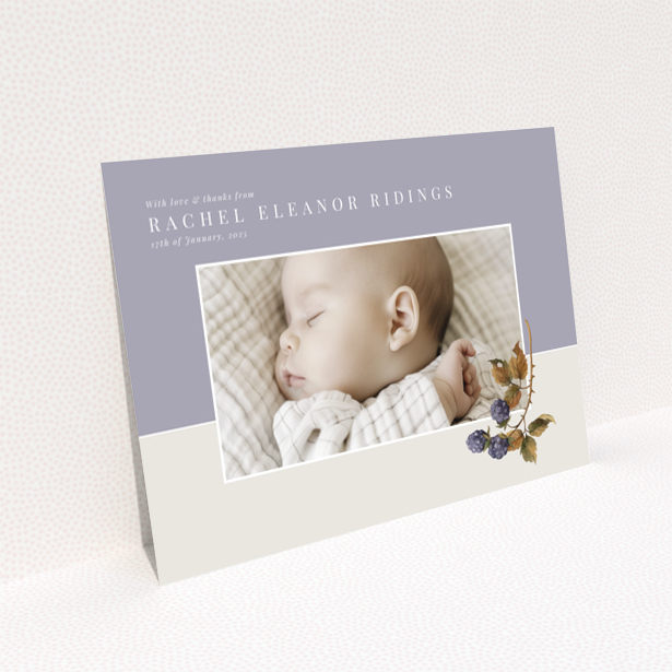 Baby thank you card with one photo and floral illustration on pastel background
