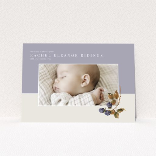 Baby thank you card with one photo and floral illustration on pastel background