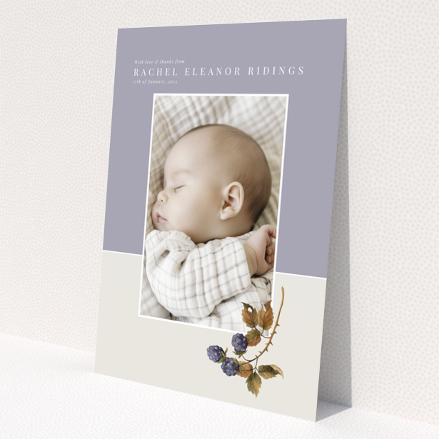 Baby thank you card with one photo and floral illustration on pastel background