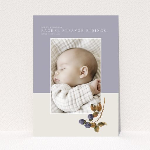 Baby thank you card with one photo and floral illustration on pastel background
