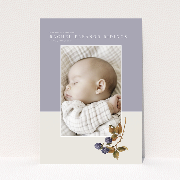 Baby thank you card with one photo and floral illustration on pastel background