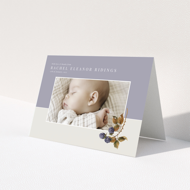 Baby thank you card with one photo and floral illustration on pastel background