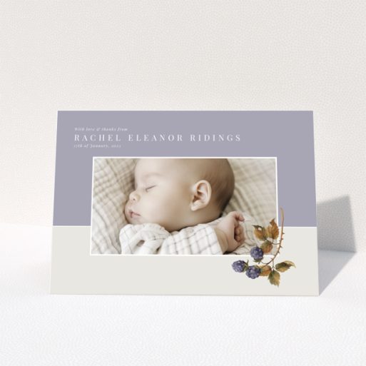 Baby thank you card with one photo and floral illustration on pastel background