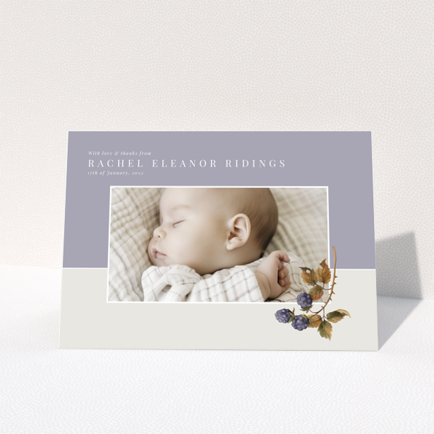Baby thank you card with one photo and floral illustration on pastel background