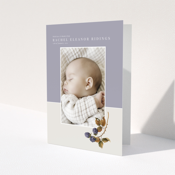 Baby thank you card with one photo and floral illustration on pastel background