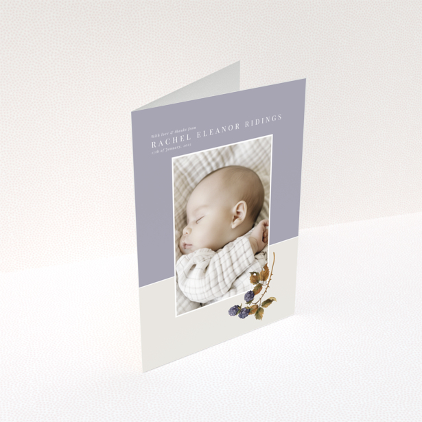 Baby thank you card with one photo and floral illustration on pastel background