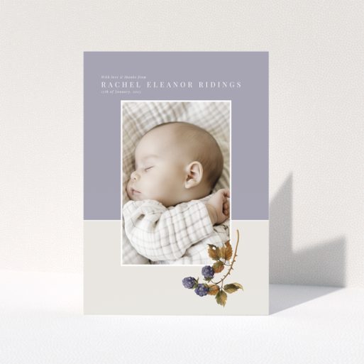 Baby thank you card with one photo and floral illustration on pastel background