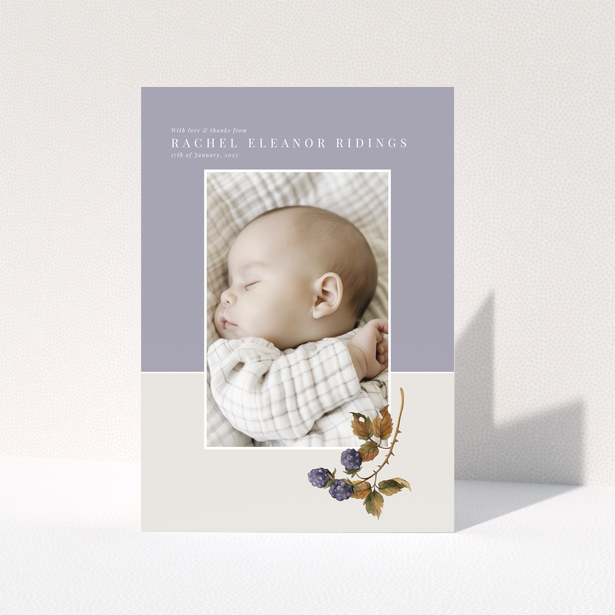 Baby thank you card with one photo and floral illustration on pastel background