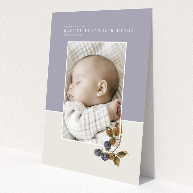 Baby thank you card with one photo and floral illustration on pastel background