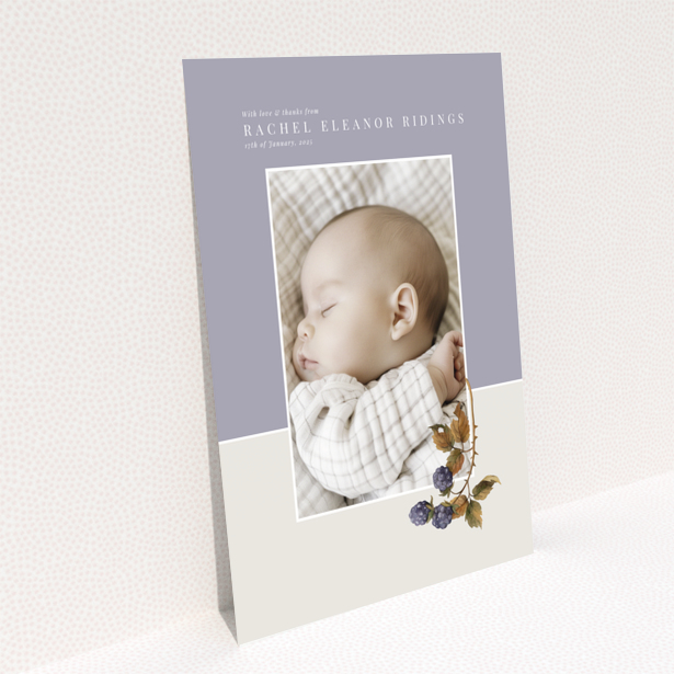 Baby thank you card with one photo and floral illustration on pastel background