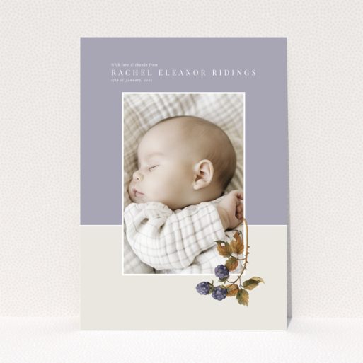Baby thank you card with one photo and floral illustration on pastel background