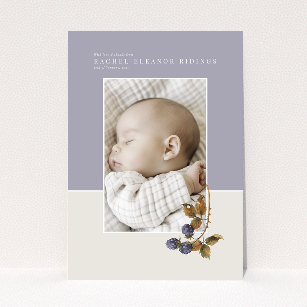 Baby thank you card with one photo and floral illustration on pastel background