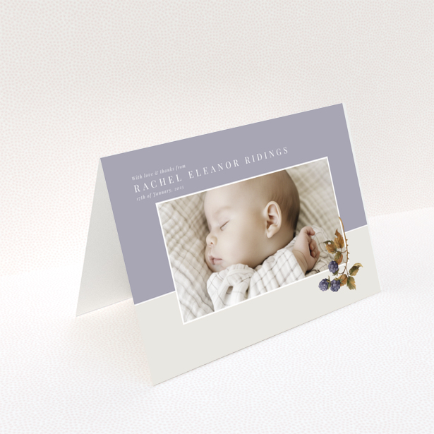 Baby thank you card with one photo and floral illustration on pastel background