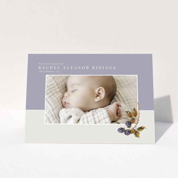 Baby thank you card with one photo and floral illustration on pastel background