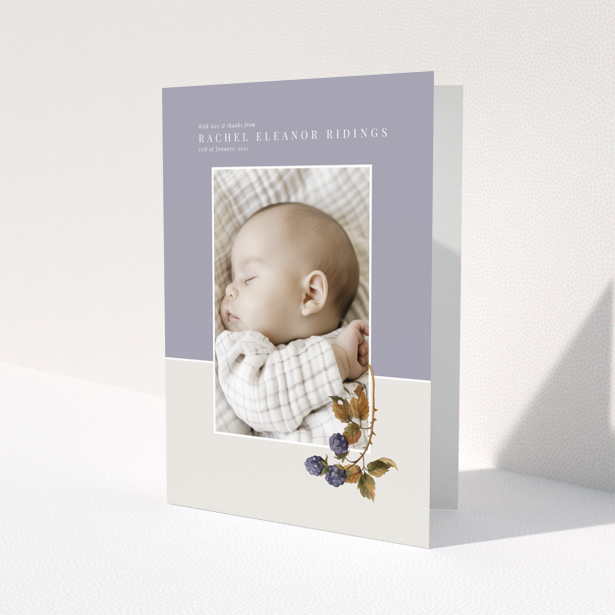 Baby thank you card with one photo and floral illustration on pastel background
