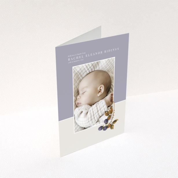 Baby thank you card with one photo and floral illustration on pastel background