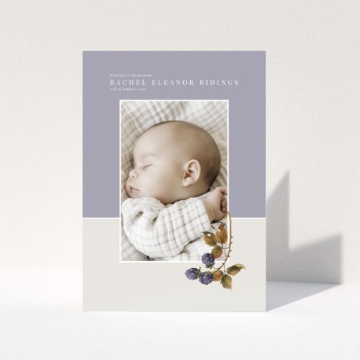 Baby thank you card with one photo and floral illustration on pastel background