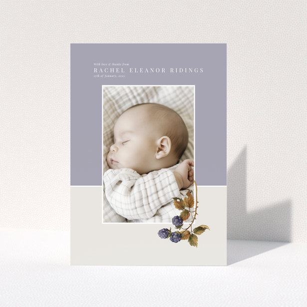 Baby thank you card with one photo and floral illustration on pastel background