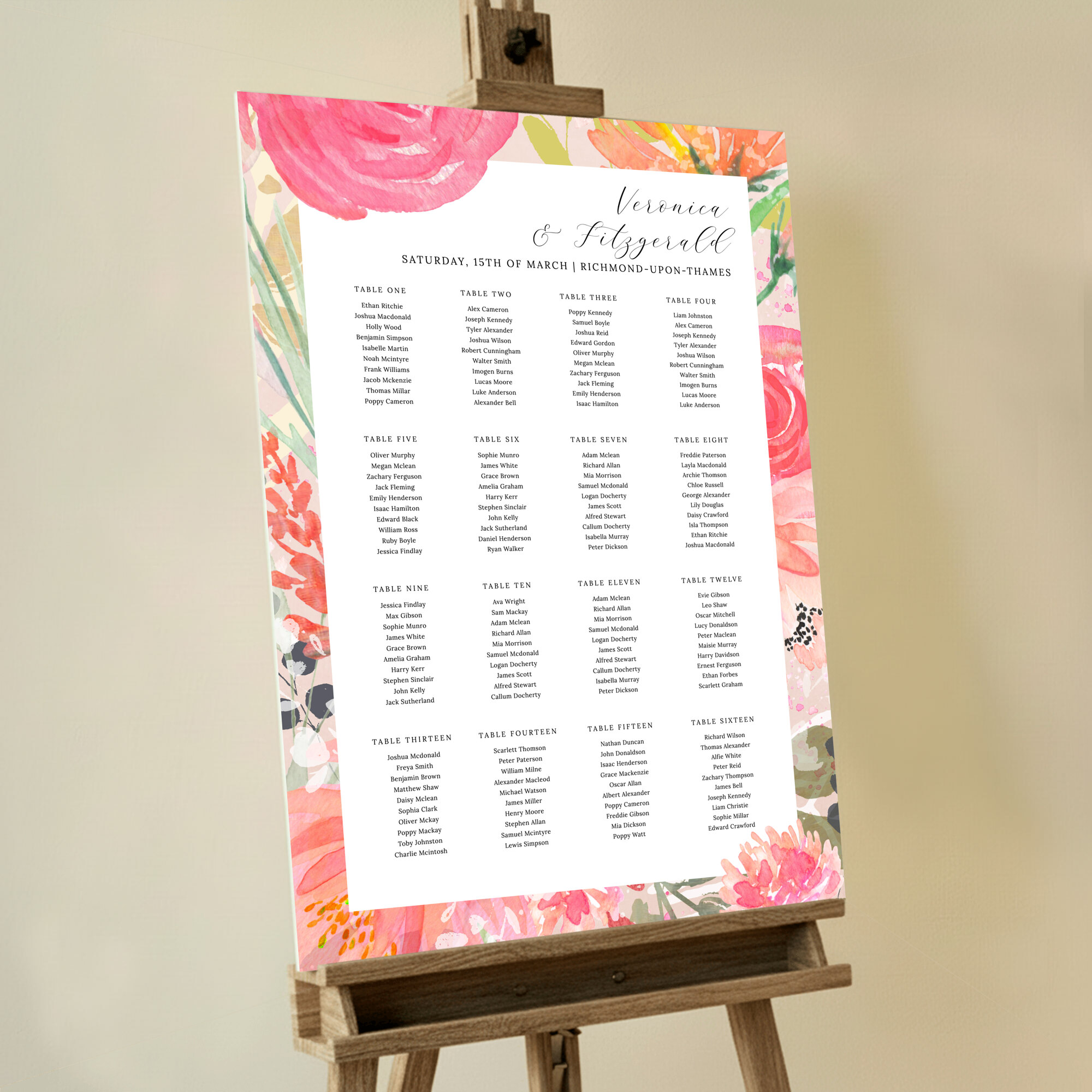 Personalized Brighton Blooms Seating Plans with a light pink background and vibrant pink, orange, and green floral hues, evoking the lively spirit of a blooming garden for your spring and summer weddings.. This design has 16 tables.