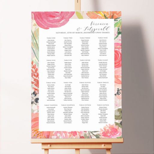 Personalized Brighton Blooms Seating Plans with a light pink background and vibrant pink, orange, and green floral hues, evoking the lively spirit of a blooming garden for your spring and summer weddings.. This design has 16 tables.