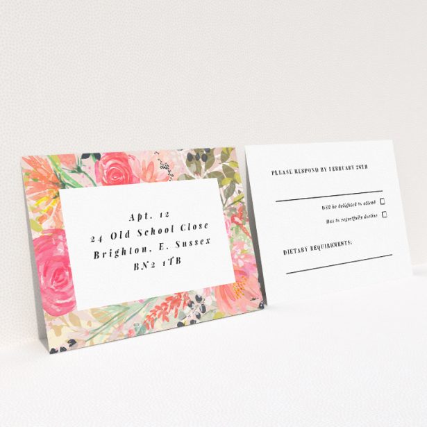 Brighton Blooms RSVP card - Vibrant watercolour floral design for wedding response card. This is a view of the back